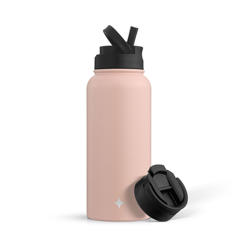 Bouteille d'eau triple isolée JoyJolt avec couvercle rabattable et couvercle en paille sport, Contenant alimentaire, Rose