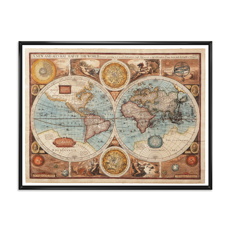 Ancienne carte du monde, impression sur toile, cadre flottant, H 30 po x l 40 po x 1,5 po, Noir