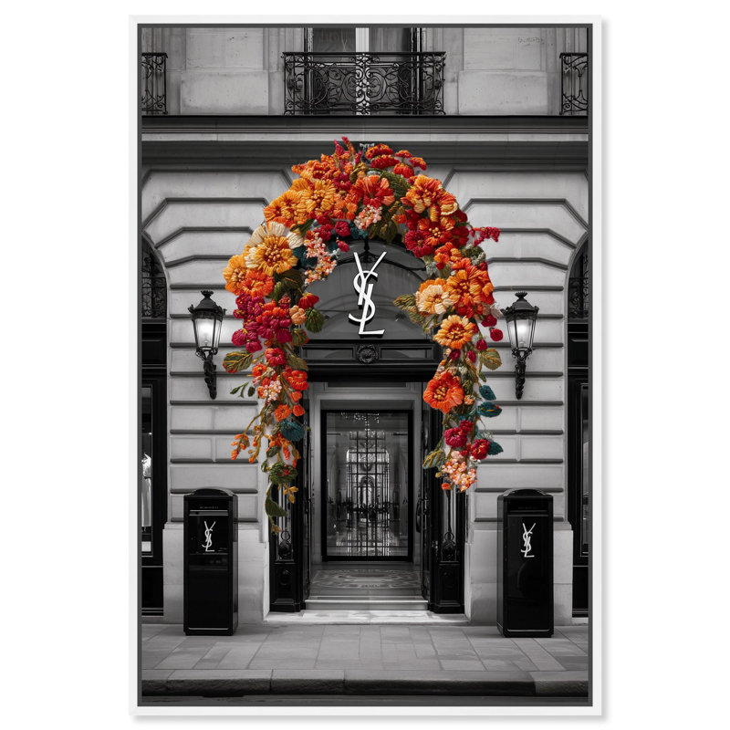 «Bright Floral Archway Storefront», reproduction d'art sur toile par Art Remedy, cadre blanc, 36 x 54, H 55 po x l 37 po