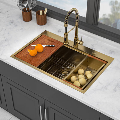 36" Drop In Gold Kitchen Sink - 36 X 22 X 10 Inch Kitchen Sink Drop-In Topmount Single Bowl 16 Gauge Stainless Steel Ledge Workstation Kitchen Sinks
