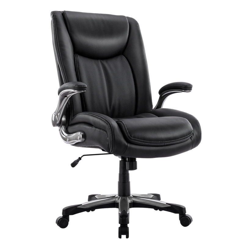 181kg Capacity  Ergonomic PU Leather Office Chair, Adjustable Lumbar Support & Flip-Up Arms, Black
