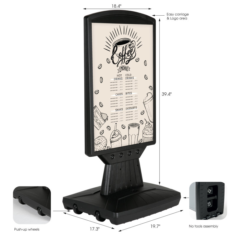 Black Double-Sided Outdoor Pavement Sign with Caster Wheels