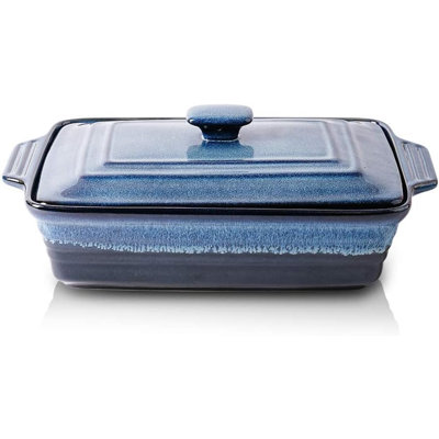 9 x 13 inch covered ceramic clay pot pan, rectangular set with cover, dinner baking tray, reaction glaze (star cloud blue)