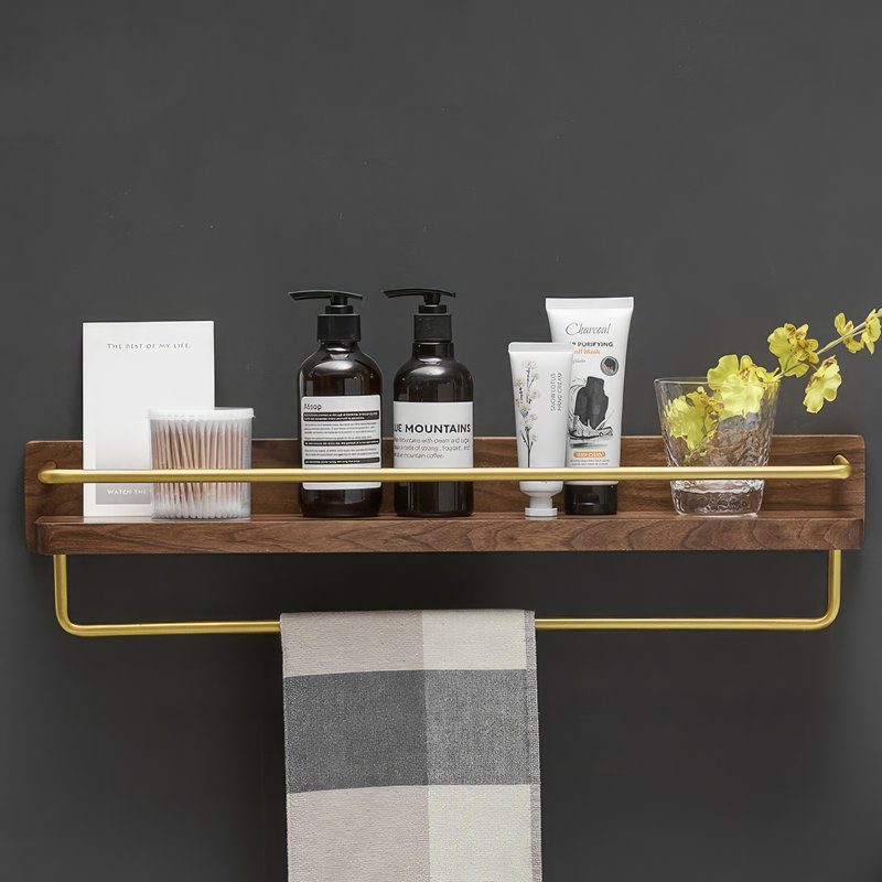 Dandre Modern Brass Wooden Shelf, 5.2" H x 16" W x 5.6" D, Walnut