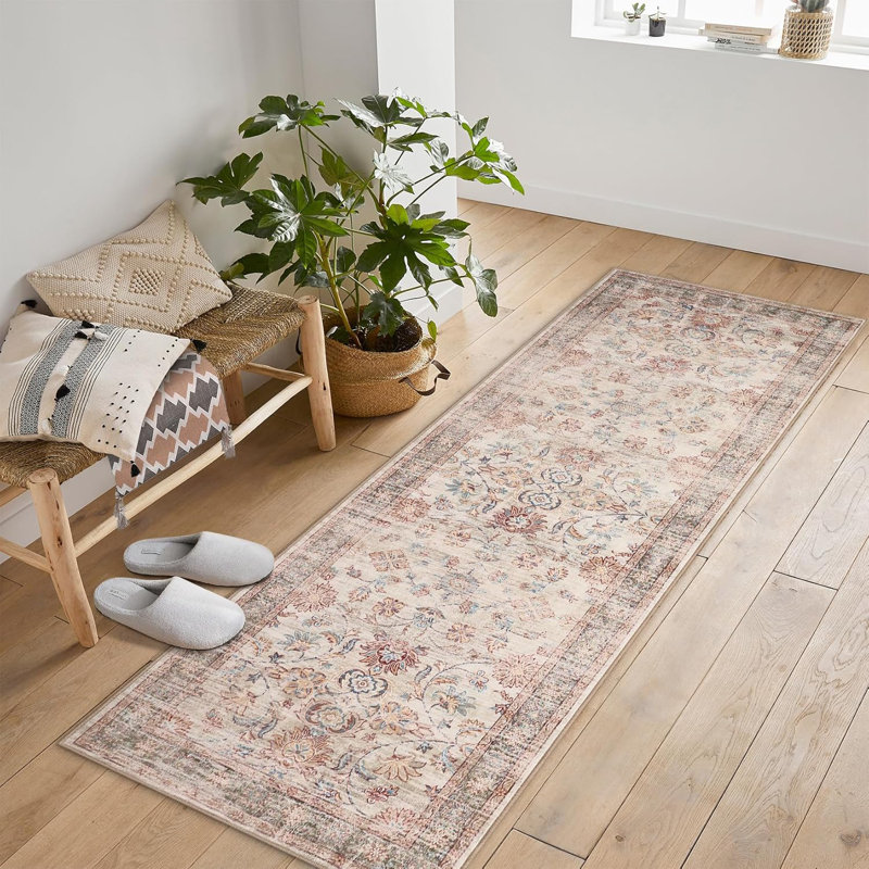 2x6 Runner Hallway Rug Machine Wash Non-Slip Enrteway Laundry Room Rug Throw Low-Plie Vintage Mat Distressed Carpet for Kitchen Bathroom Red Borwn