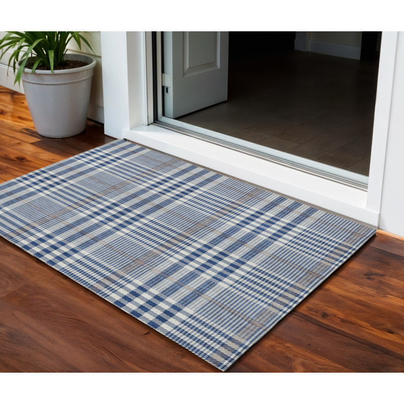 3' X 5' Navy Blue Ivory And Brown Plaid Washable Indoor Outdoor Area Rug