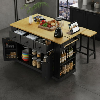 Black, Large-Capacity Kitchen Island With Folding Tabletop, Power Outlet, Interior Storage Rack, 5-Wheel Trolley, And 5 Open Side Shelves.