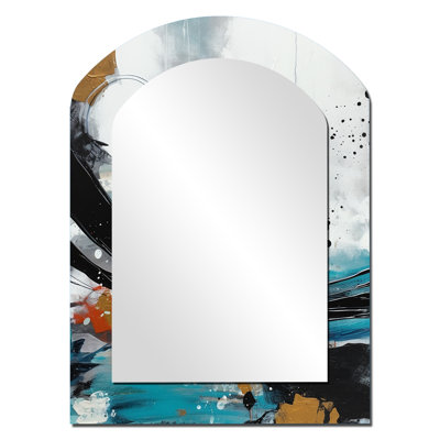 Exploration de Boho Simplicity III - grand miroir mural arqué abstrait, miroir décoratif asymétrique gris, impression d'art en métal