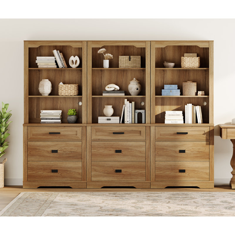 Laziza 3 Column 3 Tier Bookcase With Drawer,73.3" Tall Floor Standing Bookshelf,Modern Farmhouse Display Storage Cabinet With Adjustable Shelves