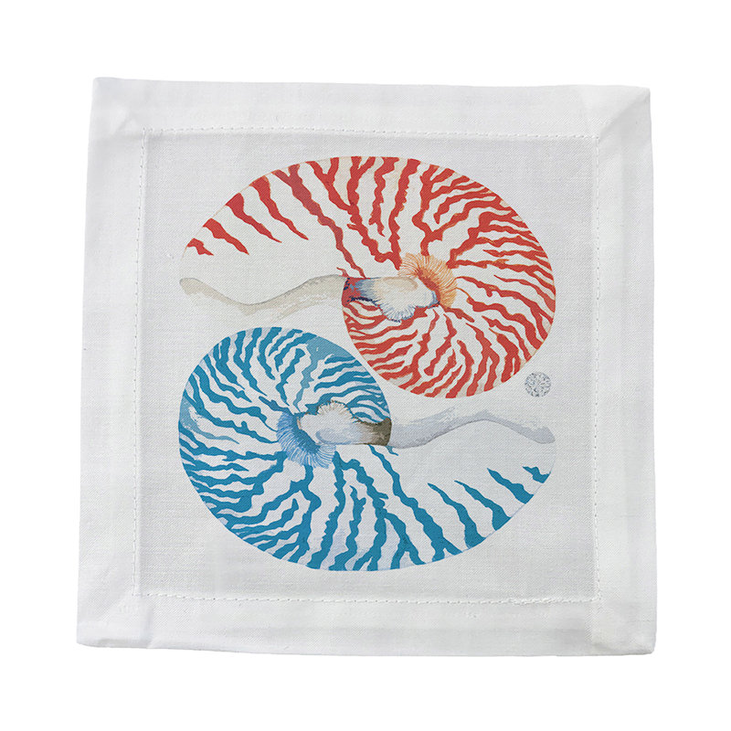 Nautilus Square Napkins, Coral Red Turq