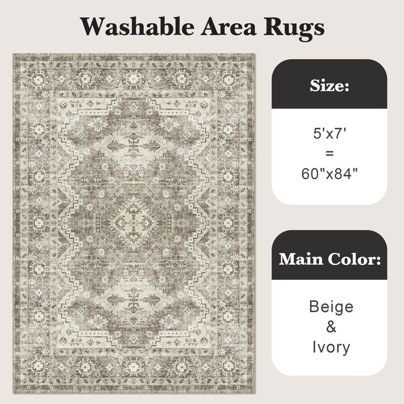 Tapis lavable - tapis résistant aux taches, tapis antidérapants ultra minces (beige / ivoire), Rectangle 5 pi x 7 pi