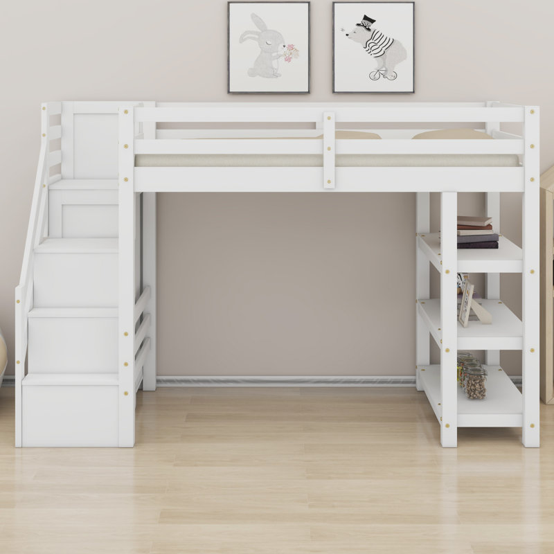 Lit mezzanine en bois avec tablettes de rangement, garde-robe, garde-corps, escaliers et lumières DEL, Lit simple