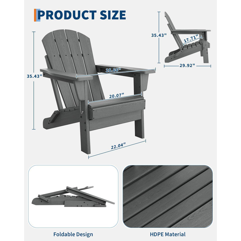 Set of 4 Folding Adirondack Chairs with 2 Side Tables, Weather-Resistant HDPE Outdoor Seating with Wood Grain Texture, 380 lbs Capacity – Gray