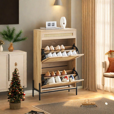 Shoe Cabinet With 2 Flip Door And 1 Drawer, Rattan Shoe Cabinet With Adjustable Shelf And Metal Legs