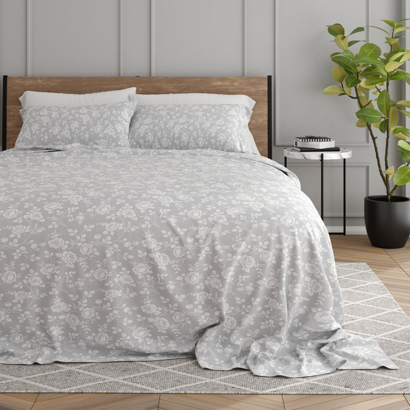 Twin Light Gray Rose Print Cotton Microfiber Sheet Set