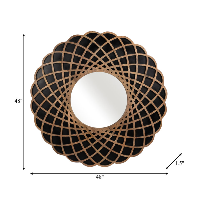 Bogar Boho Round Wall Mirror 48" Black and Natural Mango Wood Lattice Frame Modern Decorative Accent for Home Office Bedroom Living Room Decor MDF Backing Rustic Artisan Design