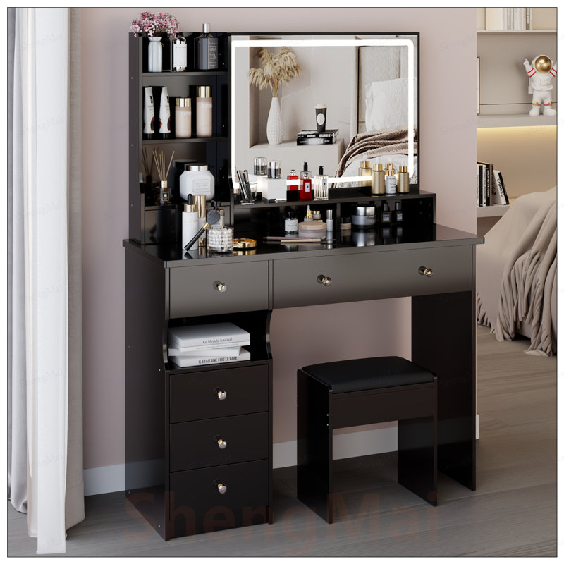 Grande table de coiffeuse avec tabouret rembourré, miroir DEL surdimensionné, éclairage tricolore et rangement multicouche