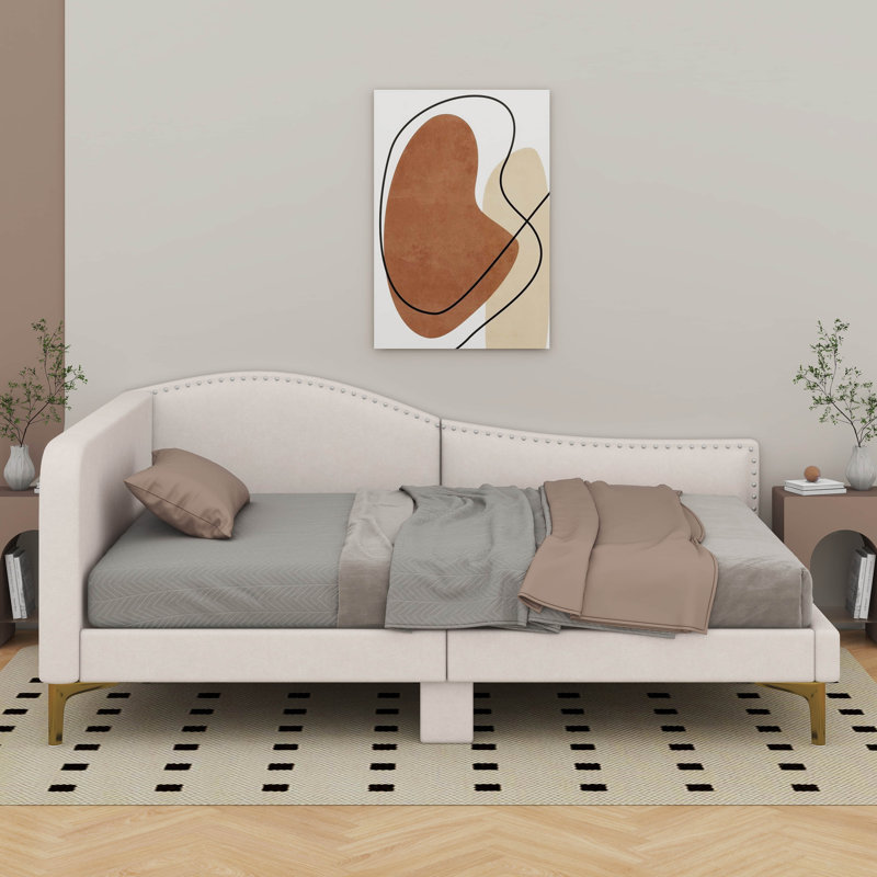 Lit de jour rembourré avec tête de lit et accoudoirs, Beige, Lit double