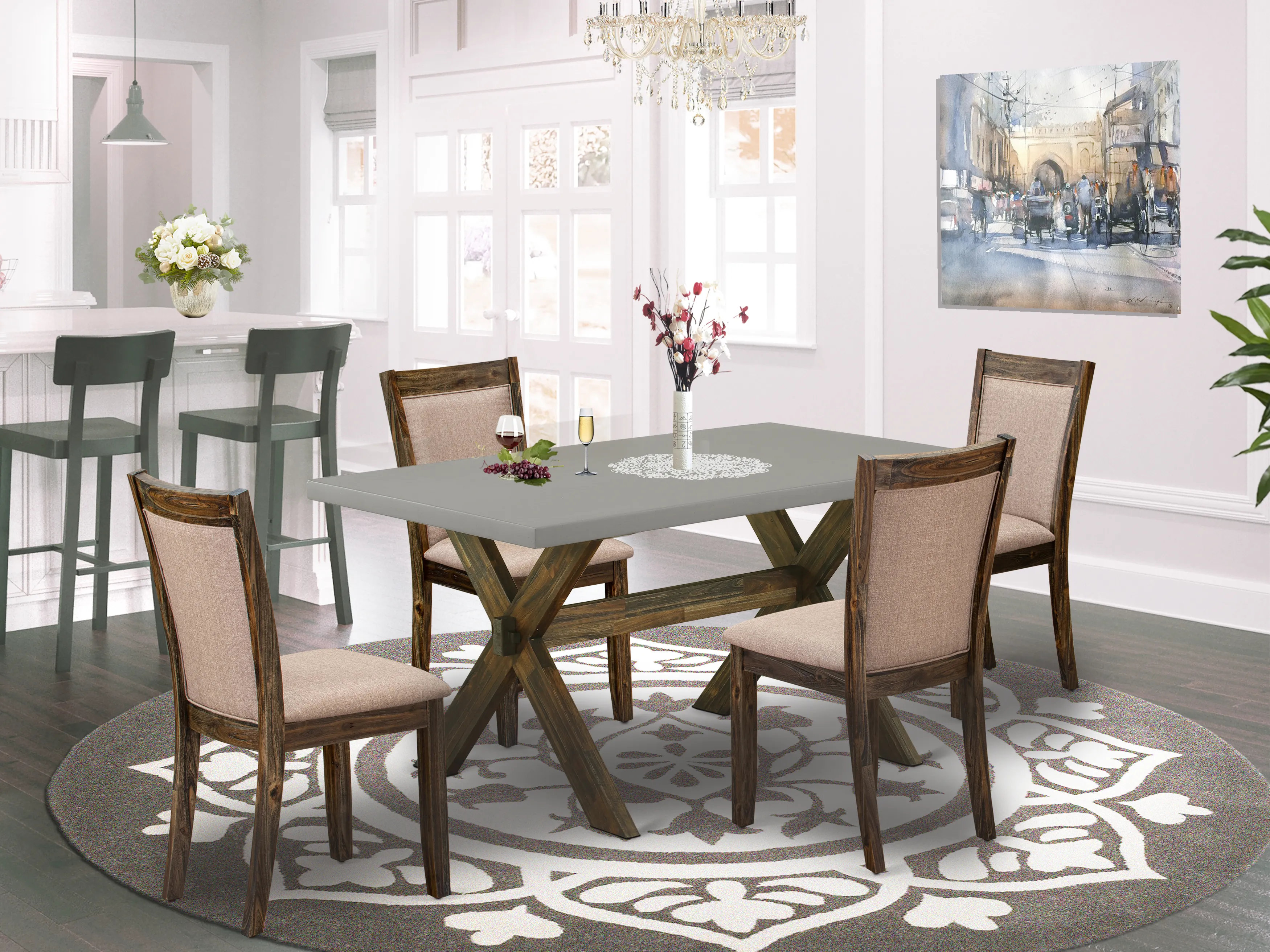 Gracie Oaks Kitchen Table Set - A Kitchen Table and Dark Khaki Linen ...