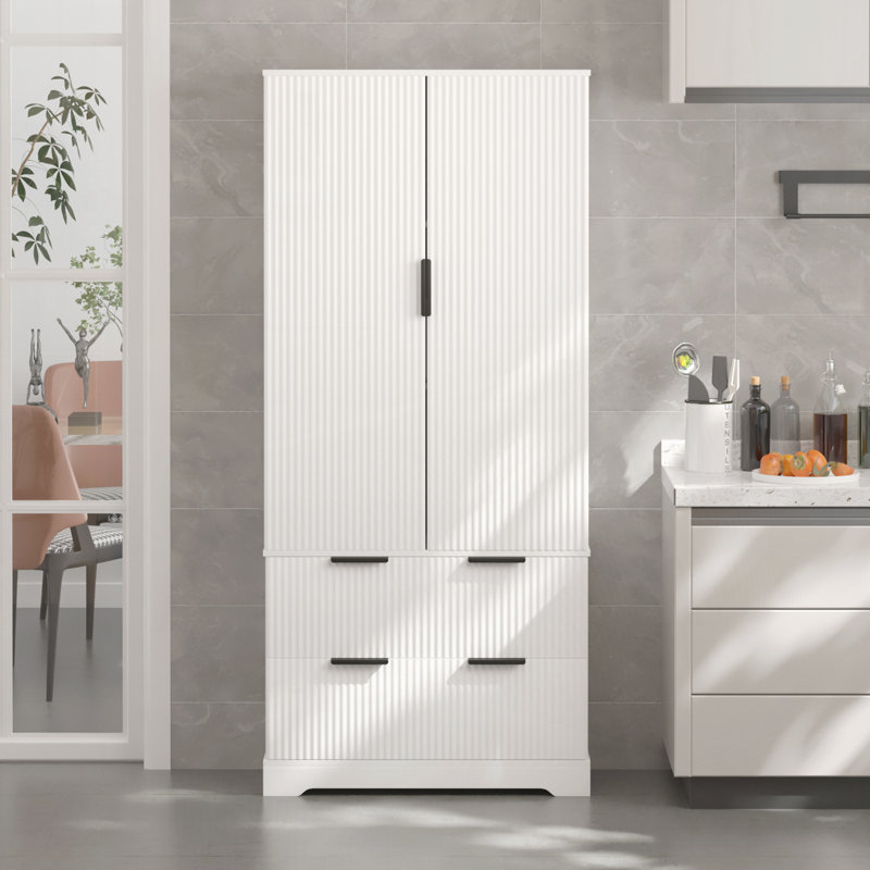 Armoire de cuisine 72 pouces cannelée moderne avec 2 grands tiroirs, Blanc