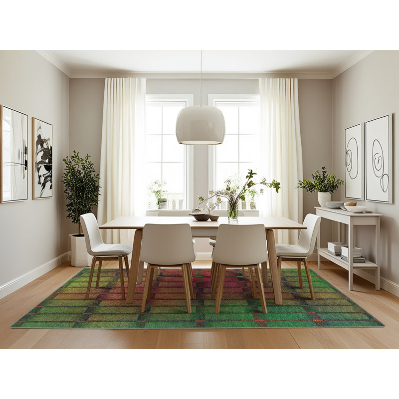 Tapis vert/rose à motifs, Rectangle 7 pi x 10 pi