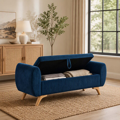 Banc de rangement rembourré en velours côtelé moderne de 57 pouces de large avec repose-pieds en bois pour chambre et couloir, bleu