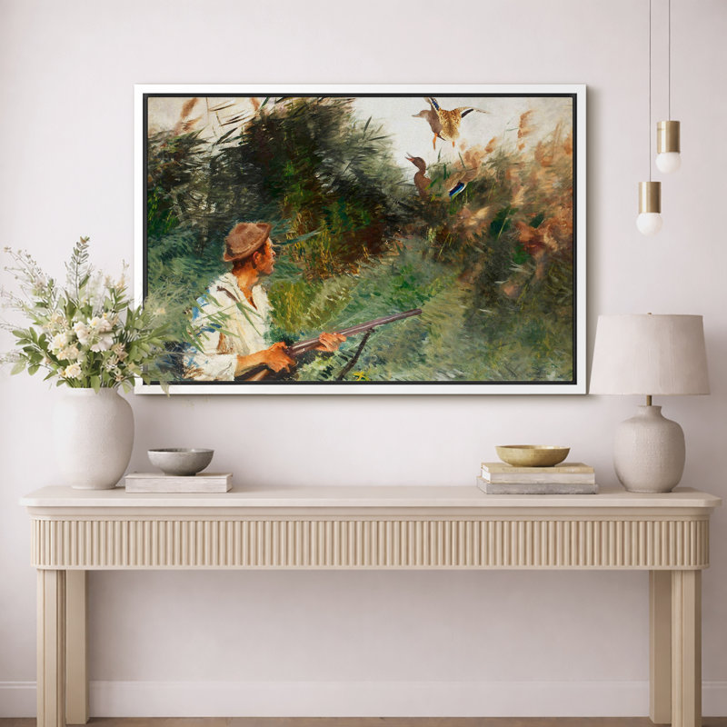 «Duck Hunting in Reeds», reproduction d'art sur toile encadrée, H 24 po x l 36 po, Cadre flottant blanc