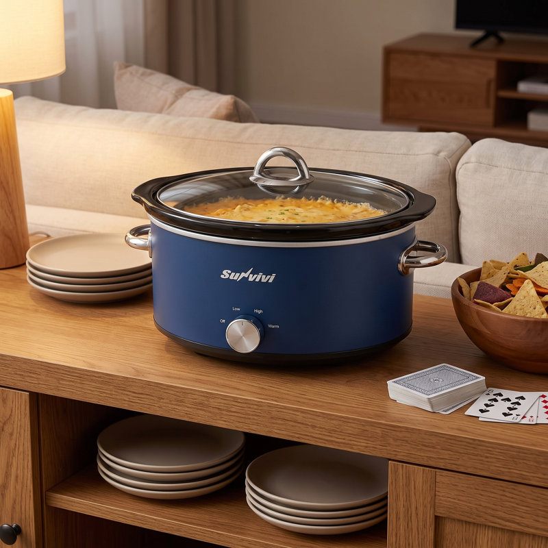 4-quart slow cooker and mini food warmer with 3 heating settings, removable ceramic pot and dishwasher safe glass lid in blue for kitchen