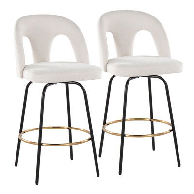 Fixed-Height Counter Stool with Swivel in Black Metal and Snow White Fabric with Round Gold Metal Footrest - Set of 2