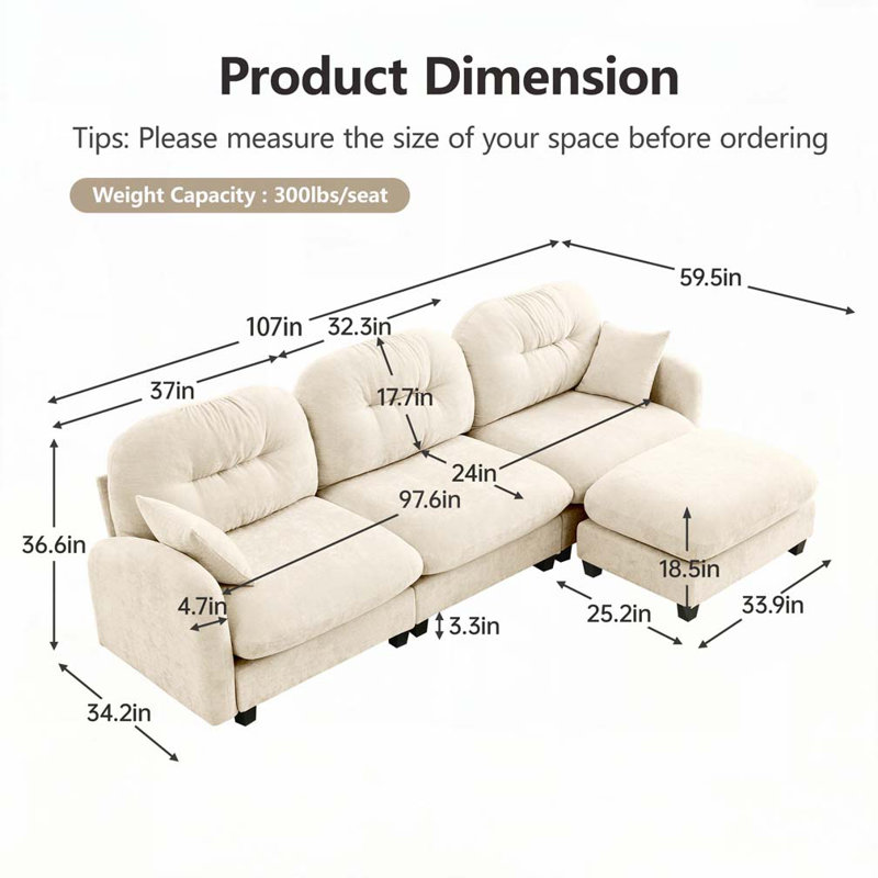 Canapé modulaire en chenille 3 places avec 2 coussins et repose-pieds, Beige
