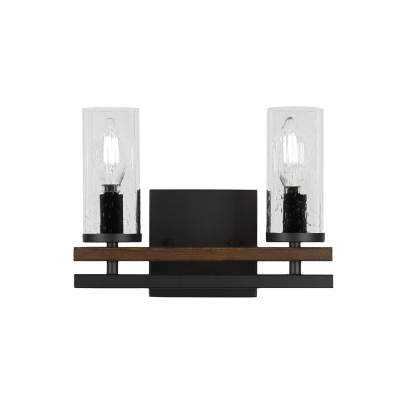 Barre d'éclairage de salle de bain 2 lumières Belmont, Noir mat / bois peint