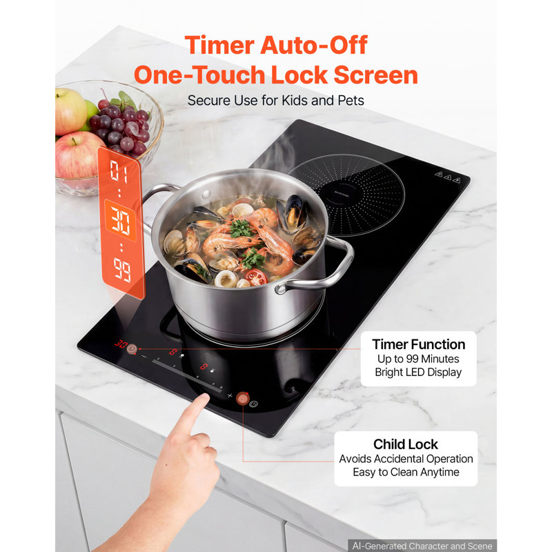 Plaque de cuisson à induction 12 pouces avec 2 brûleurs, cuisinière électrique intégrée 220V 3500W, brûleur à induction pour la cuisine, avec 9 niveaux de puissance, écran tactile à DEL, surface en vitrocéramique, verrou pour enfant