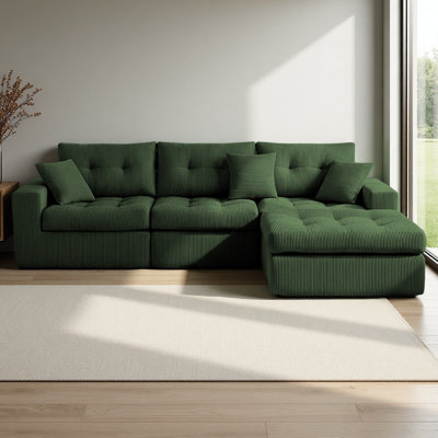 Corduroy Corner Chaise Compression Sofa Bed, L-Shaped Sectional Couch with High-Density Sponge, No-Assembly Required Convertible Sofa for Living Room, Apartment