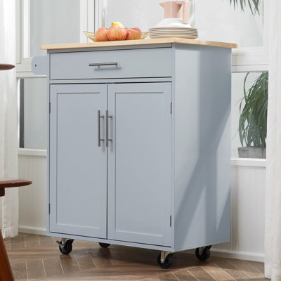 Îlot de cuisine avec chariot, tiroir, armoire de rangement et porte-serviettes, gris
