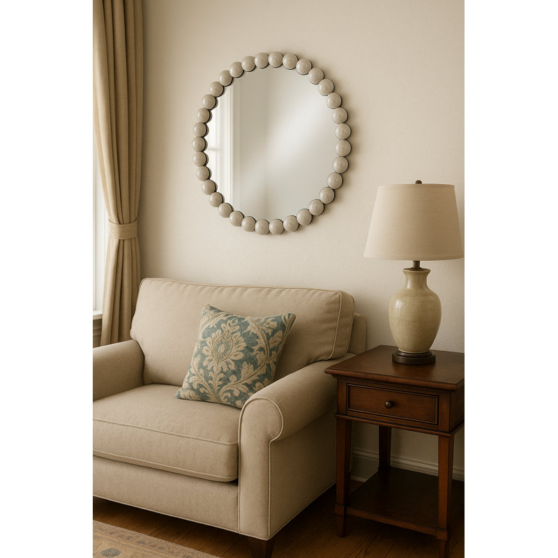 Miroir mural rond 36 "avec cadre en fer blanc perlé - décor de maison de campagne moderne