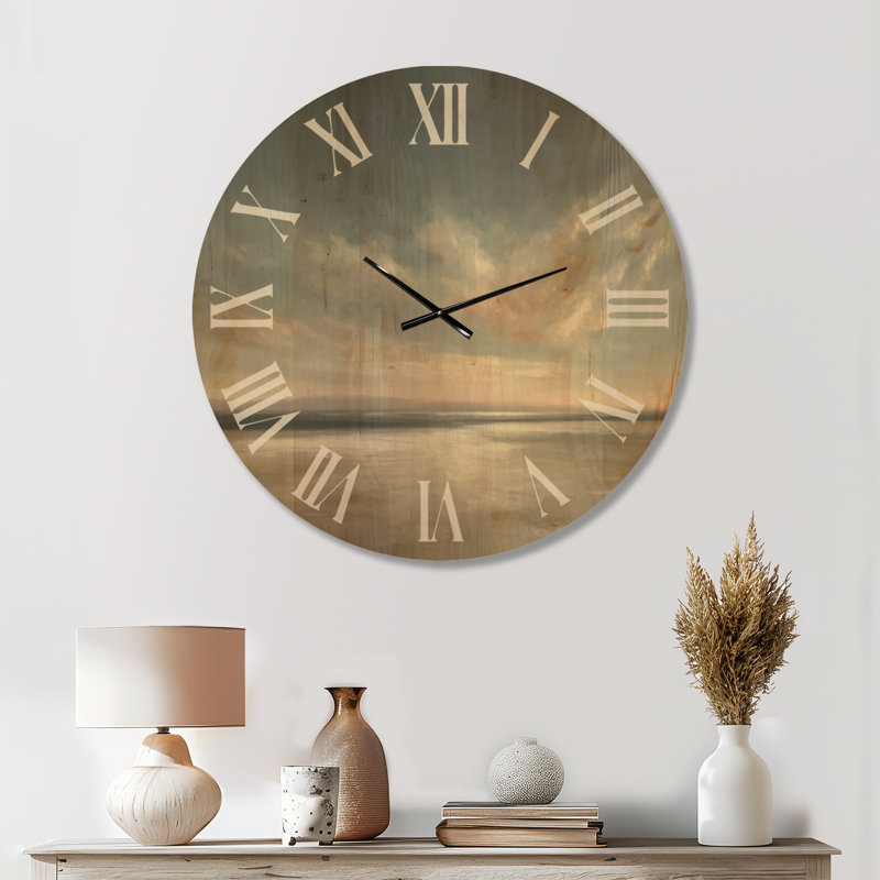  Horloge de plage - coucher de soleil, vue aérienne de vagues, imprimée sur bois, Medium