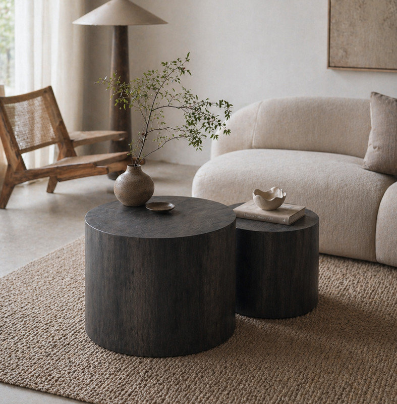 Ensemble de 2 tables basses rondes en bois Nesting, Black Woodgrain