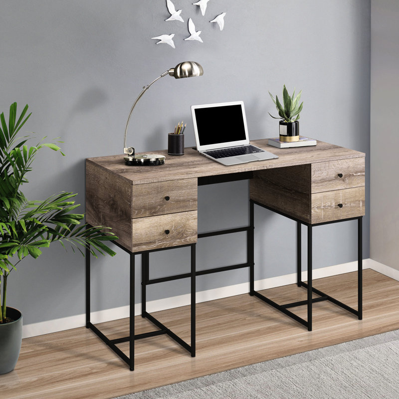 Bureau rustique en chêne et noir pour la productivité de bureau - 4 tiroirs et port avec dispositifs de chargement