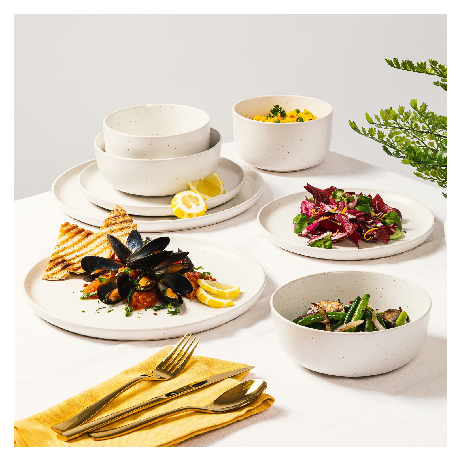 Gibson Elite James Street 16 Piece Stoneware Matte Reactive Double Bowl Dinnerware Set, Sea Salt White