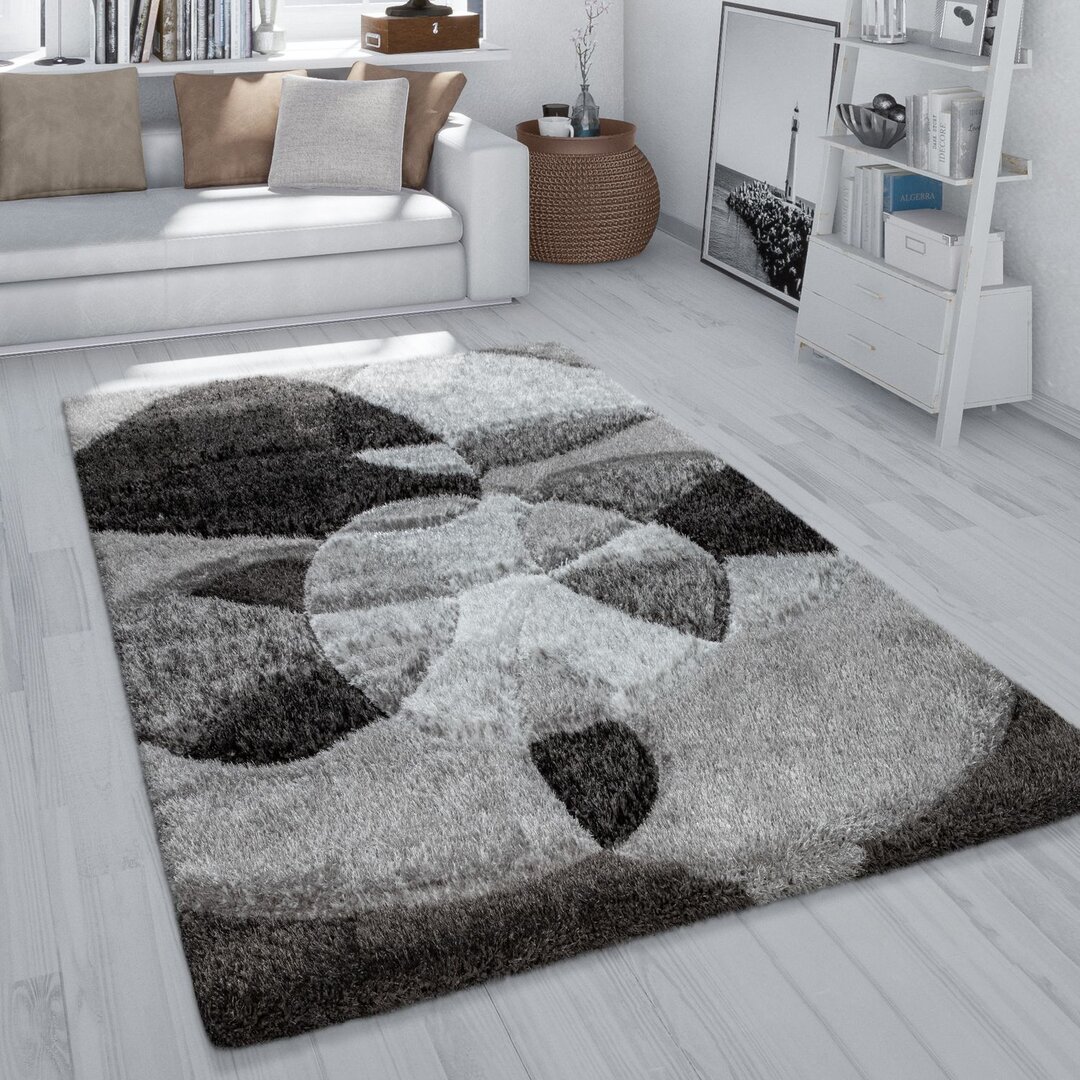 Hochflor Teppich Wohnzimmer Shaggy 3D Effekt Abstraktes Muster Flauschig Grau