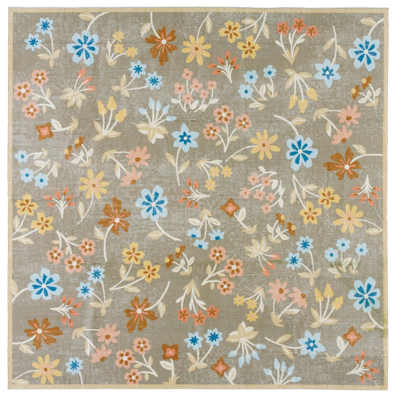Msrw Floral 187 Performance Machine Washable Floral Rug, Square 6'