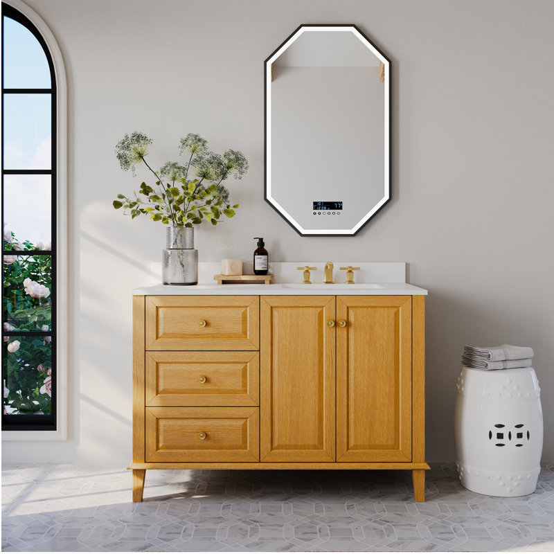 Hannah 42 In. Off Centered Right Basin Vanity Set In Oak Finish With White Quartz Vanity Top, Sienna