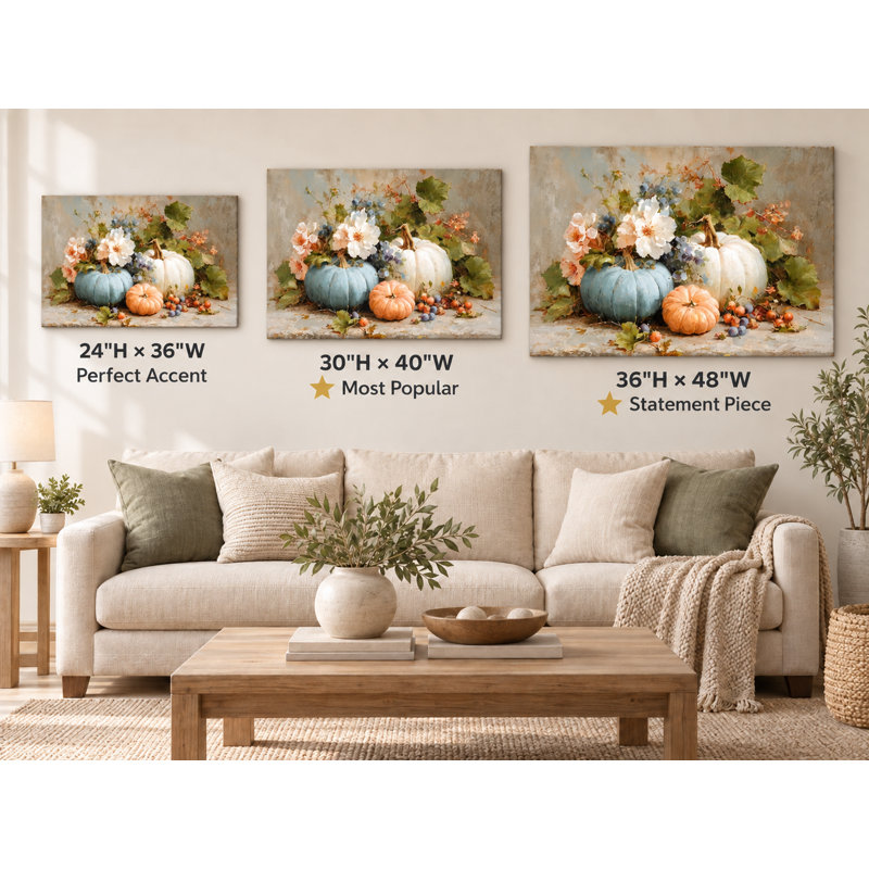 Automne citrouilles et fleurs sur toile tendue, H 16 po x l 24 po
