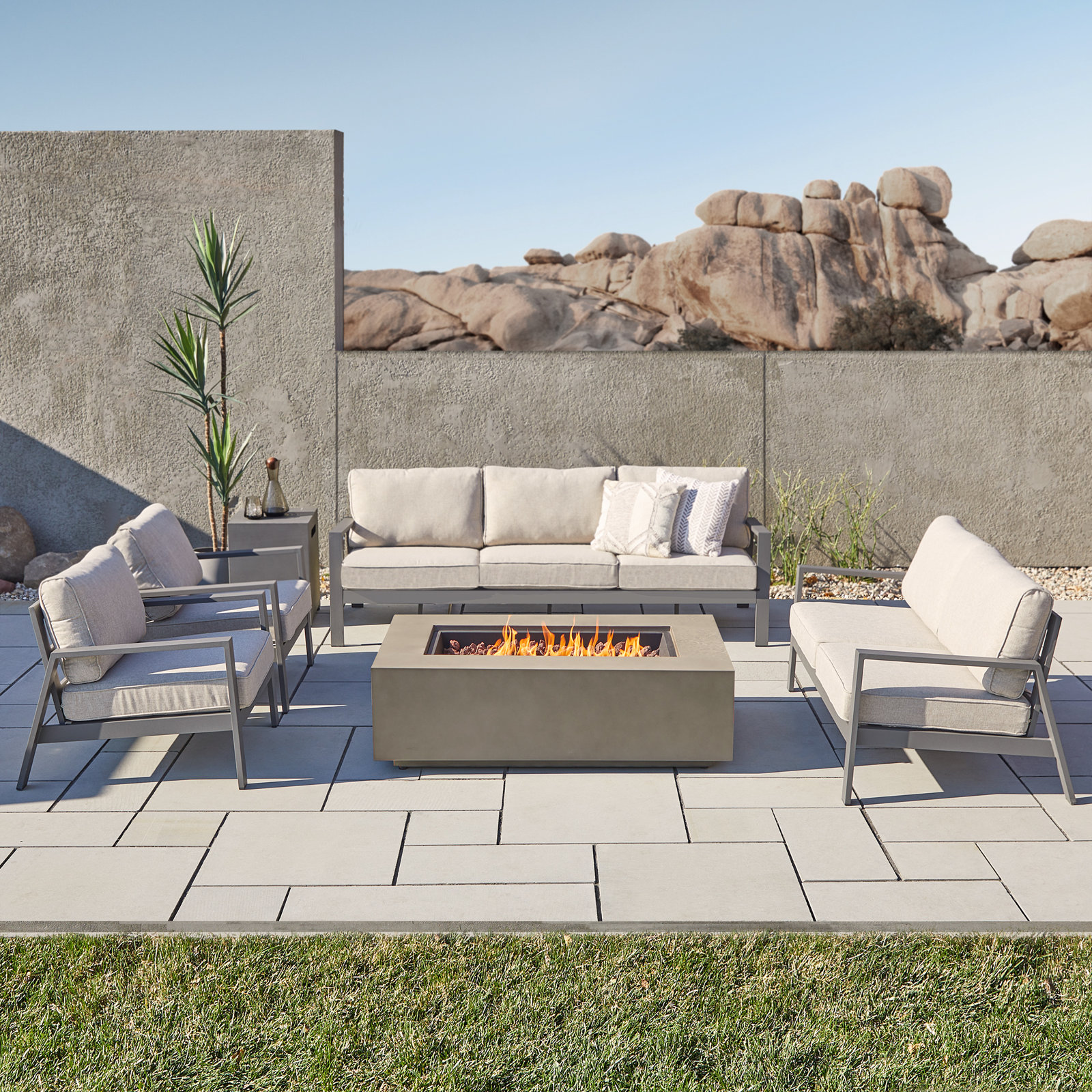 Aegean Fire Pit Table, Mist Gray, 15" H x 50" W x 32" D