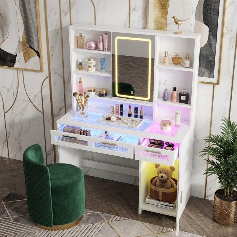 43" Wide Glass Top Makeup Vanity With Lighted Mirror And Power Outlets, White, White