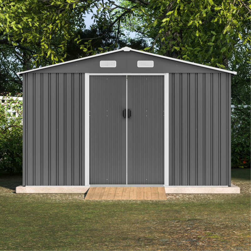 Grey Metal Storage Unit 10x8 Ft, Lockable For Backyard Outdoor Shed Ft With Construction, 75.06" H x 117.33" W x 95.32" D