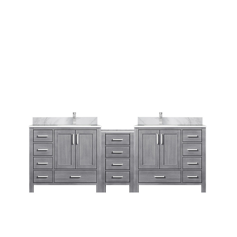 Meuble-lavabo double autoportant 92 po avec plateau en marbre de Carrare 92 po, Gris patiné