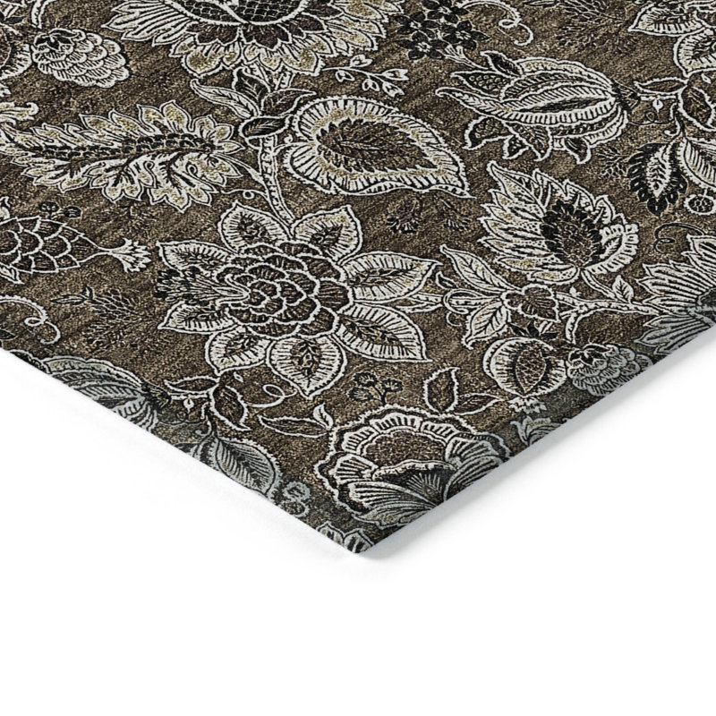 Tapis lavable extérieur floral et gris anthracite 10 pi x 14 pi