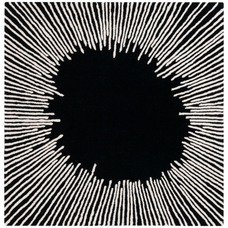 Tapis noir / ivoire en laine / coton touffeté à la main Jarie, Carré 3 pi