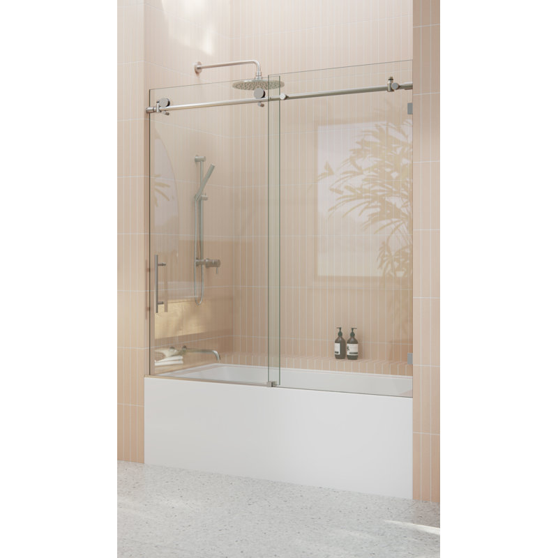 Eclipse 52 - 56 in. x 60 in. Fully Frameless Sliding Bathtub Door, Brushed Nickel